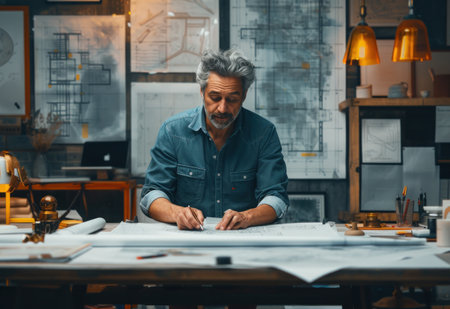architect working on blueprints and plans.の素材