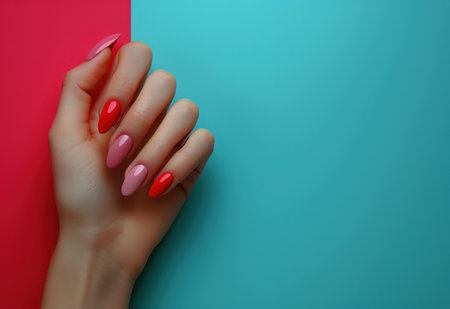 colorful hand with red manicure.の素材