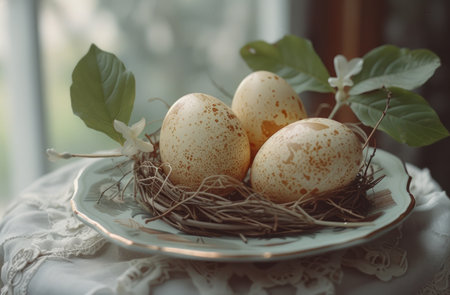 easter eggs with leaves on a plate,.の素材