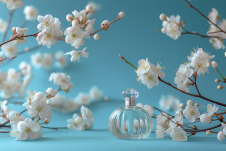 perfume bottle on flower with white blossoms and blue background.の素材