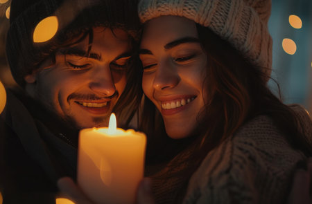 smiling couple hugging together holding a lit candle near the fireplace.の素材