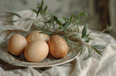 easter eggs with leaves on a plate,.の素材