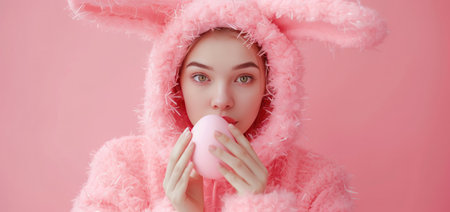 woman dressed as a bunny posing for the camera with an egg.の素材