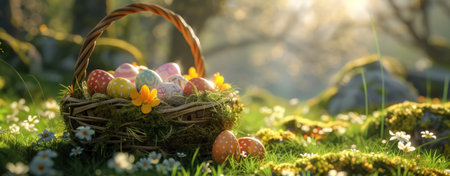 easter egg basket colorful with eggs and grass, sunrays shine upon it,.の素材