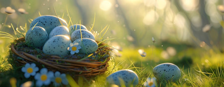 easter eggs with a basket in the grass.の素材