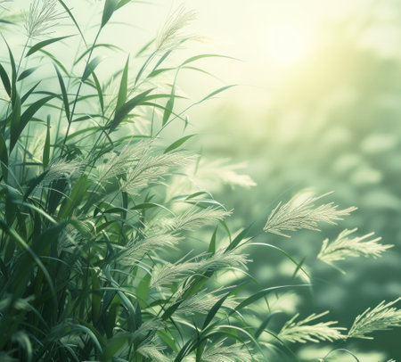 sun light in the sky behind grass and leaves.の素材