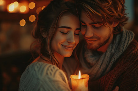happy love couple hugging together holding candle in front of fireplace,.の素材