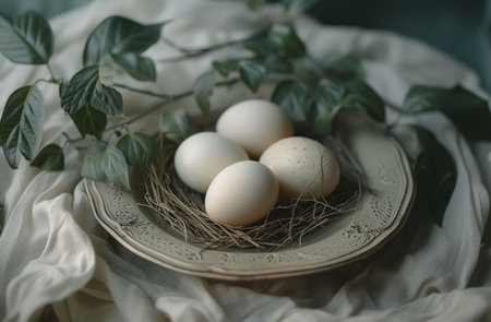easter eggs with leaves on a plate,.の素材