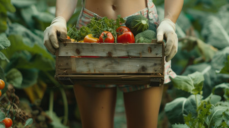 a woman with gloves and shorts holding a wooden crate of vegetables.の素材