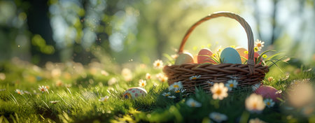 easter egg basket colorful with eggs and grass, sunrays shine upon it,.の素材
