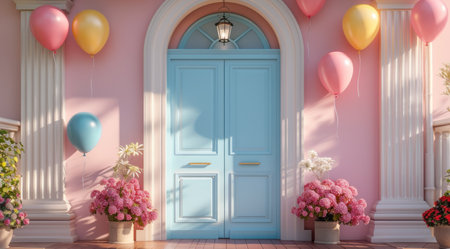 colorful balloons hanging from the front door.の素材