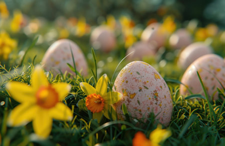easter eggs in grass with daffodils.の素材