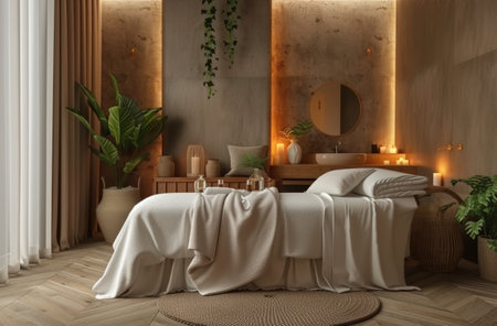 a beautiful bed set up in a spa treatment room.の素材