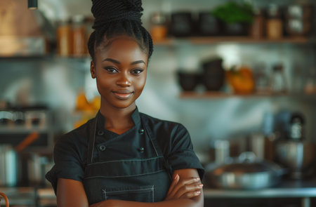 a beautiful woman chef in the kitchen with her arms crossed.の素材