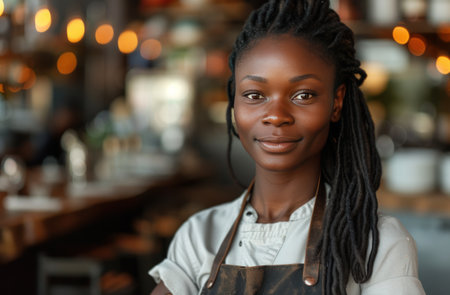 a black female chef posing in a restaurant.の素材