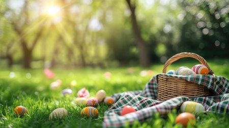 A charming Easter picnic backdrop, featuring a checkered blanket, woven baskets.の素材