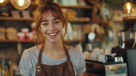 A cheerful barista, serving coffee with a smile, exudes warmth and hospitality in the cafÃ© environment.の素材