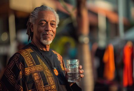 a man with gray hair holds a glass of water.の素材