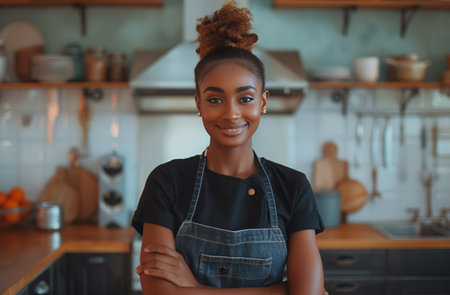 a beautiful woman chef in the kitchen with her arms crossed.の素材