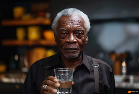 a black man senior holding a glass of water in his kitchen.の素材