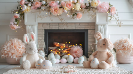A cozy Easter fireplace scene, adorned with pastel garlands, adorned eggs.の素材