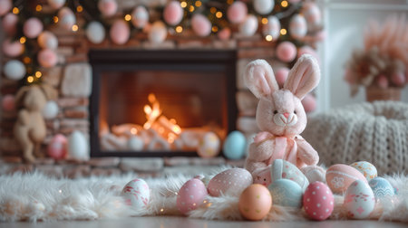 A cozy Easter fireplace scene, adorned with pastel garlands, adorned eggs.の素材