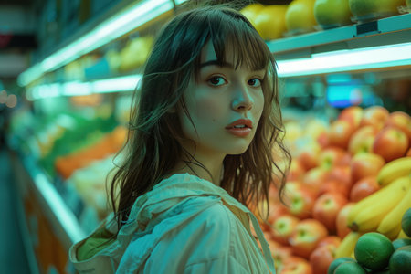 a woman in greengrocers shopping area with food.の素材