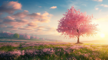 A serene Easter morning landscape, bathed in soft sunlight, adorned with blooming cherry blossoms.の素材