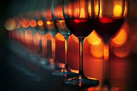 a row of wine glasses lined up in rows.の素材