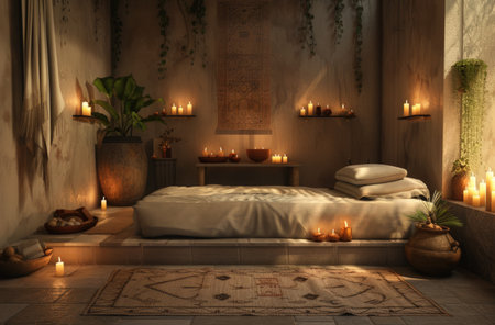 a spa bed set up with candles.の素材