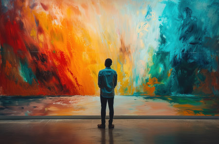 an employee at an artists reception is standing in front of an abstract painting.の素材