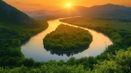 A winding river cutting through lush greenery, reflecting the golden hues of a breathtaking sunset.の素材