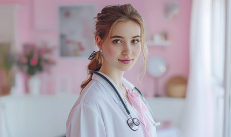 a woman in a white shirt and pink ribbon holding a stethoscope.の素材