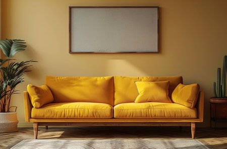 an elongated sofa with a yellow wall art.の素材