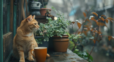 a cat sitting outside looking over a mug of coffee.の素材