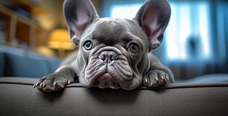 a French bulldog laying on top of a couch in a room.の素材