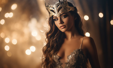 a young woman in a masquerade mask posed against light.の素材