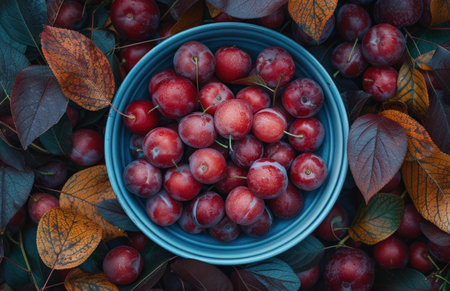 many plums in a blue bowl on a table full of leaves.の素材