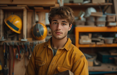 a young man holding wood and a helmet in a workshop.の素材