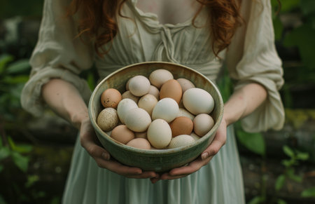a woman holding a bowl filled with many eggs.の素材
