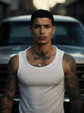 a young man with tattoos is standing in traffic.の素材