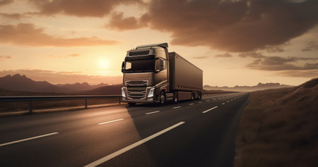 a semi truck crossing a highway in light sunset,の素材