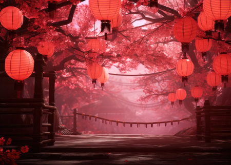 a red background with bright red paper lanterns and red paper flowers,の素材
