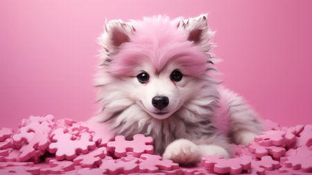 a pink furry dog that looks very sly,の素材