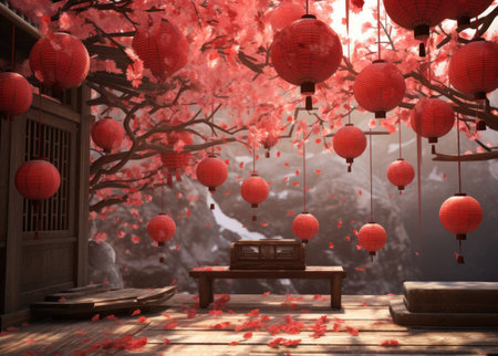 a red background with bright red paper lanterns and red paper flowers,の素材