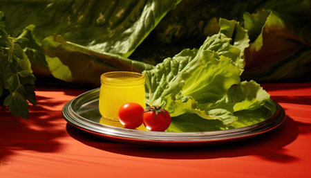 a plate with lettuce, tomatoes and basil next to a tin serving tray,の素材