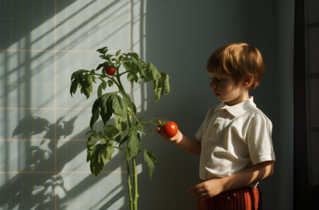 a small boy holding a tomato while getting it off of a plant,の素材
