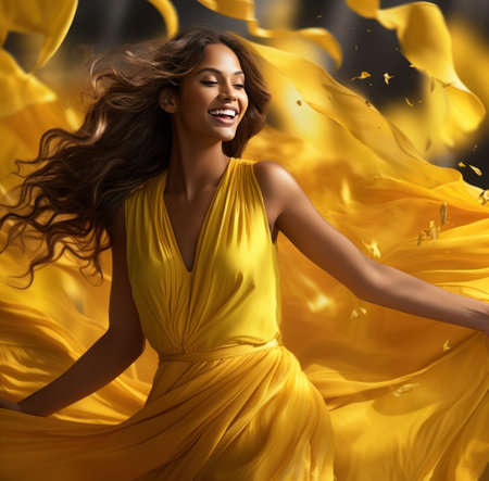 a smiling female in a dazzling yellow dress with hair flowing behind herの素材