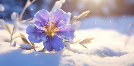 a snow scene with a purple flower is covered in snow,の素材