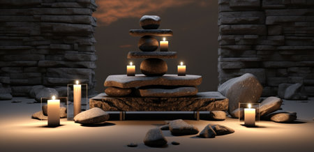 a spa table with bricks and candles,の素材